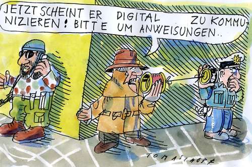 Cartoon: Kommunikation (medium) by Jan Tomaschoff tagged terror,kommunikation,staat,polizei,fahndung