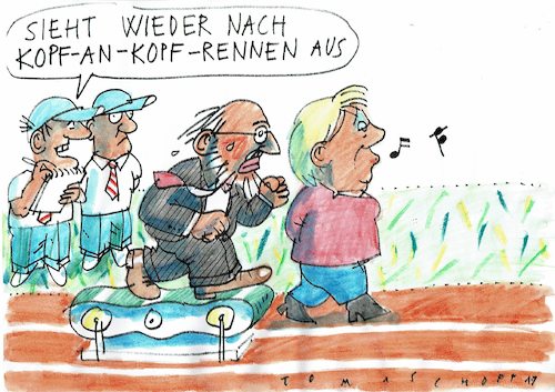Cartoon: Kopf an Kopf (medium) by Jan Tomaschoff tagged schulz,merkel,wahlen,kopf,schulz,merkel,wahlen
