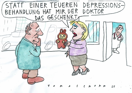 Cartoon: Labubu (medium) by Jan Tomaschoff tagged gesundheit,depression,arzt,patientin,labubu,gesundheit,depression,arzt,patientin,labubu