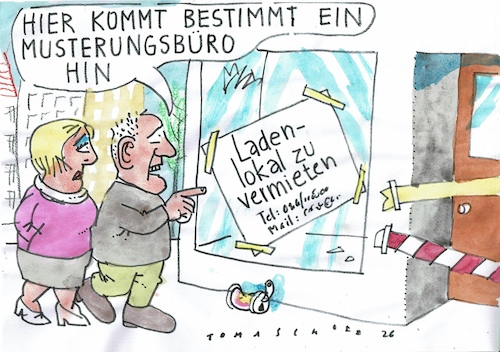 Cartoon: Ladenlokal (medium) by Jan Tomaschoff tagged wehrpflicht,musterung,wirtscghaftsflaute,pleiten,wehrpflicht,musterung,wirtscghaftsflaute,pleiten