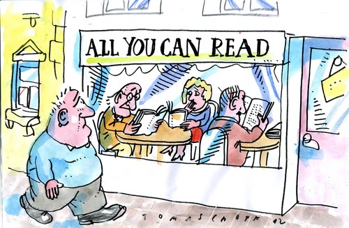 Cartoon: Lesen (medium) by Jan Tomaschoff tagged lesen,bücher,bildung,bibliothek,lesen,bücher,bildung,bibliothek,all you can eat,fastfood,literatur,frankfurter buchmesse,all,you,can,eat,frankfurter,buchmesse