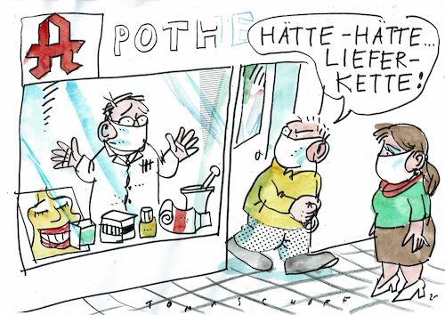 Cartoon: Lieferkette (medium) by Jan Tomaschoff tagged medikamente,impost,globalisierung,medikamente,impost,globalisierung