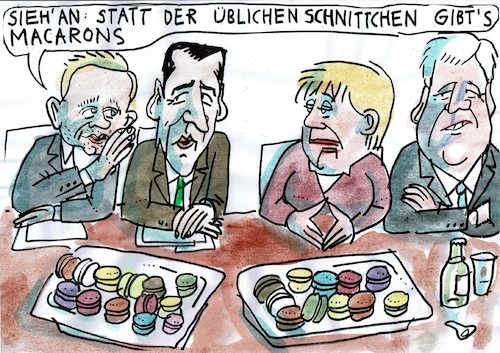 Cartoon: Macarons (medium) by Jan Tomaschoff tagged koalition,merkel,macron,koalition,merkel,macron