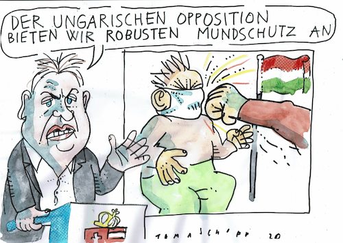Cartoon: Mundschutz (medium) by Jan Tomaschoff tagged orban,ungarn,demokratie,autorität,corona,orban,ungarn,demokratie,autorität,corona