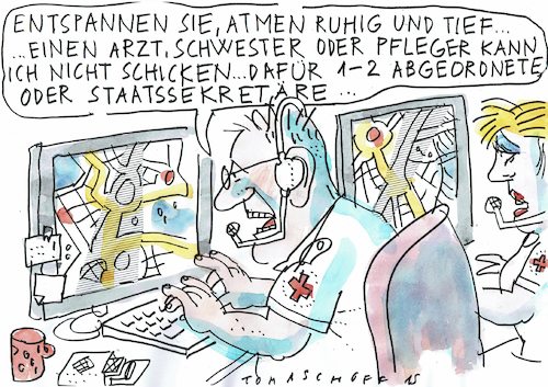 Cartoon: Notfall (medium) by Jan Tomaschoff tagged notfall,fachkräftemangel,notfall,fachkräftemangel