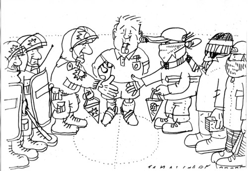 Cartoon: Rituale (medium) by Jan Tomaschoff tagged bürgerproteste,büro,protest,fußball,ritual,fussball,team,polizeit,demonstranten,demonstration,demo,gewalt,friede,aufstand,revolution,schiedsrichter,schlichter