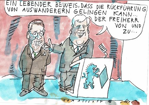 Cartoon: Rückführung (medium) by Jan Tomaschoff tagged guttenberg,migration,csu,guttenberg,migration,csu