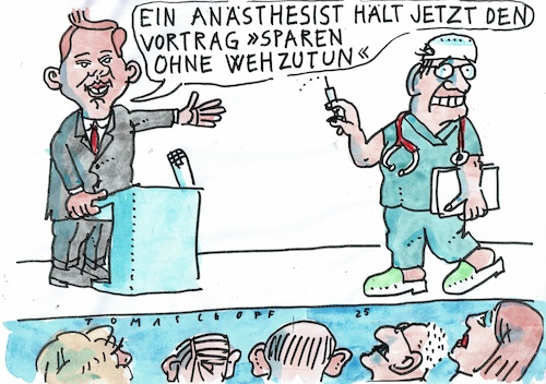 Cartoon: Schmerzlos (medium) by Jan Tomaschoff tagged klingbeil,haushalt,schulden,sparen,klingbeil,haushalt,schulden,sparen