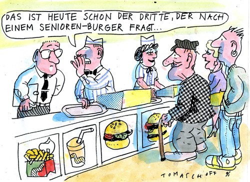 Cartoon: Senioren (medium) by Jan Tomaschoff tagged rente,demografie,senioren,alte,burger,junkfood,altersarmut,alte,senioren,demografie,rente,altersarmut,junkfood,burger