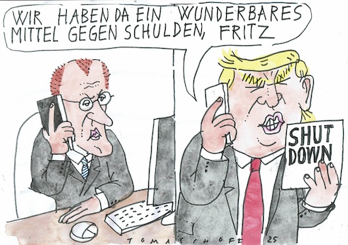 Cartoon: Shut down (medium) by Jan Tomaschoff tagged merz,trump,haushalt,schulden,merz,trump,haushalt,schulden