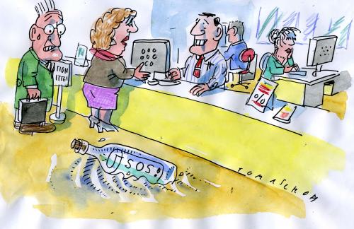 Cartoon: SOS (medium) by Jan Tomaschoff tagged finanzkrise,wirtschaftskrise,rezession,bank,banker,banken,rettungspaket,milliarden