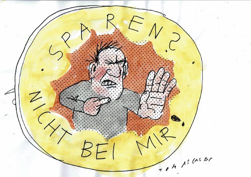 Cartoon: Sparen (medium) by Jan Tomaschoff tagged geld,ansprüche,wohlstand,geld,ansprüche,wohlstand