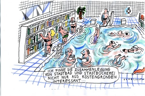 Cartoon: Sparkurs (medium) by Jan Tomaschoff tagged sparkurs,gemeinden,kommunen,kommunen,gemeinden,sparkurs,schwimmbad,bibliothek,bücherei,spassbad,leser,bürger,kommunale,verwaltung,sparen,einsparung,fusion,winwin,kosten,aufgaben