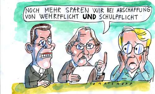 Cartoon: Sparkurs (medium) by Jan Tomaschoff tagged guttenberg,schawan,schäuble,guttenberg,schawan,wolfgang schäuble,sparen,sparpaket,wehrpflicht,bundeswehr,schulpflicht,wolfgang,schäuble