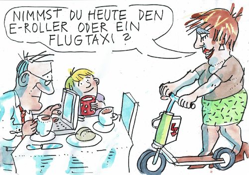 Cartoon: Transportmittel (medium) by Jan Tomaschoff tagged berufsverkehr,elektroroller,flugtaxi,verkehrswende,berufsverkehr,elektroroller,flugtaxi,verkehrswende