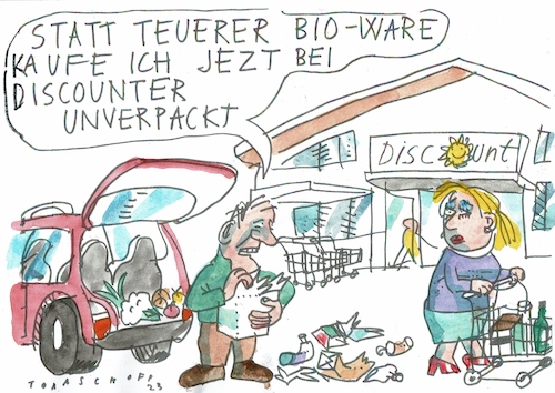 Cartoon: unverüackt (medium) by Jan Tomaschoff tagged preise,discounter,unverpackt,preise,discounter,unverpackt