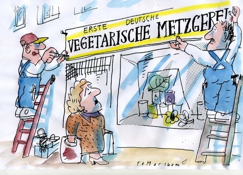 Cartoon: veggi metzger (medium) by Jan Tomaschoff tagged metzgerei,vegetarisch,essen,metzgerei,vegetarisch,essen,fleisch