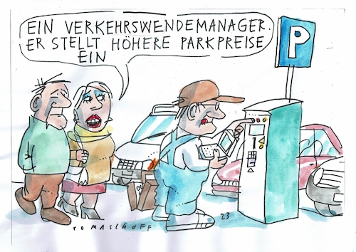 Cartoon: Verkehrswende (medium) by Jan Tomaschoff tagged auto,parken,verkehrswende,auto,parken,verkehrswende