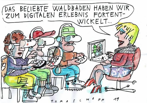 Cartoon: Waldbaden virtuell (medium) by Jan Tomaschoff tagged wald,natur,digitalisierung,bequemlichkeit,wald,natur,digitalisierung,bequemlichkeit