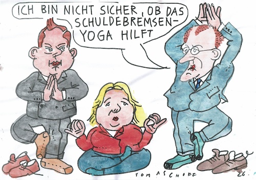Cartoon: Yoga (medium) by Jan Tomaschoff tagged klingbeil,merz,bas,schuldenbremse,klingbeil,merz,bas,schuldenbremse