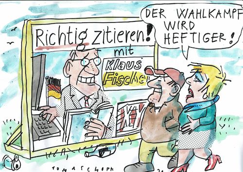 Cartoon: Zitieren (medium) by Jan Tomaschoff tagged wahlkampf,politikerbücher,plagiate,wahlkampf,politikerbücher,plagiate