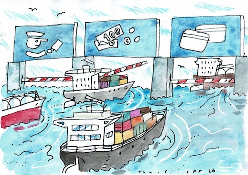 Cartoon: Zoll (medium) by Jan Tomaschoff tagged iran,usa,stra0e,von,hormuz,iran,usa,stra0e,von,hormuz