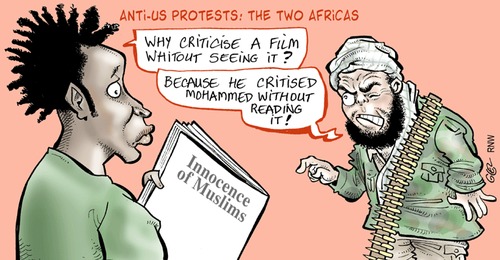 Cartoon: Anti-US Protests (medium) by Damien Glez tagged innocence,muslims,islam,muhammad,movie,africa