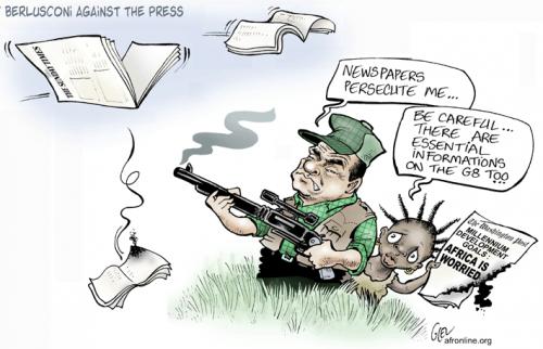 Cartoon: Berlusconi against the press (medium) by Damien Glez tagged g8,summit,berlusconi,press,africa