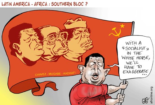 Cartoon: Latin America - Africa (medium) by Damien Glez tagged afrique,amerique,sud,chavez,mugabe,kadhafi