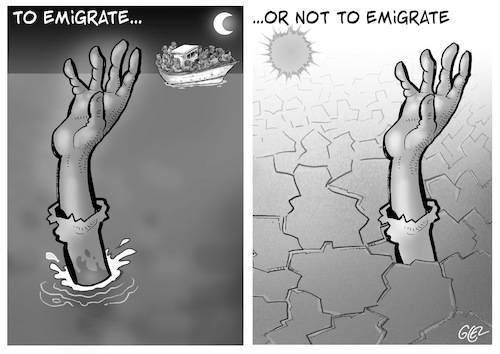 Cartoon: To emigrate or not to emigrate (medium) by Damien Glez tagged migrants,emigration,immigrant,clandestine,mediterranean,to,emigrate,migrants,emigration,immigrant,clandestine,mediterranean