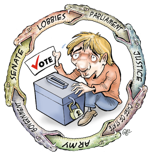 Cartoon: To vote or not to vote (medium) by Damien Glez tagged vote,election,lobbies,senate,parliament,justice,government,army,to,vote,election,lobbies,senate,parliament,justice,government,army