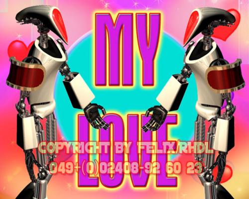 Cartoon: 3D Robots - Together Again! (medium) by FeliXfromAC tagged mobile,services,handy,felix,alias,reinhard,horst,design,line,aachen,spinne,spider,horror,psycho,angst,cartoon,robot,roboter,love,liebe,painting,stockart