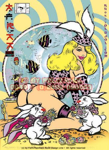 Cartoon: Bunny Meets Hoppel und Moppel (medium) by FeliXfromAC tagged felix,alias,reinhard,horst,happy,easter,bunny,hase,tier,tiere,gil,frau,sexy,pin,up,girls,retro,feiern,illustration,comic,cartoon,design,line