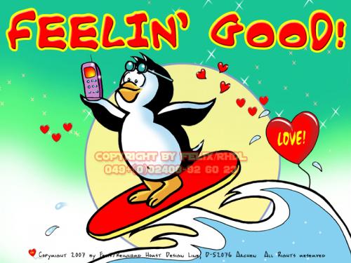 Cartoon: Feeling Good Cartoon (medium) by FeliXfromAC tagged nice,animals,tiere,tier,logos,sympathiefiguren,mascots,wallpapers,characters,characterdesign,figuren,hey,melde,dich,whimsical,felix,alias,design,line,red,love,herzen,beziehung,aachen,pinguin,penguine,greeting,card,surf,surfen