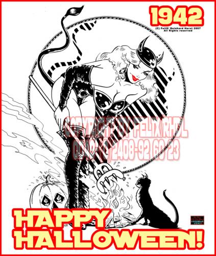 Cartoon: Layout 1942 - Happy Halloween (medium) by FeliXfromAC tagged reinhard,horst,design,line,leder,horror,halloween,cat,katze,sexy,giel,woman,frau,leather,pin,up,retro,poster,stockart,comic,illustration