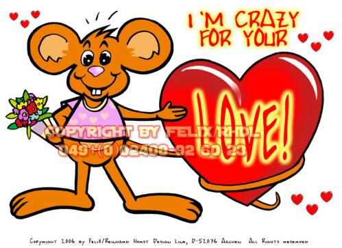 Cartoon: Love! Greeting Card (medium) by FeliXfromAC tagged mouse,maus,charakter,model,sheet,felix,alias,reinhard,horst,aachen,mascot,sympathiefigur,gute,nacht,design,line,layout,entwurf,rot,red,comic,cartoon,illustration,stockart