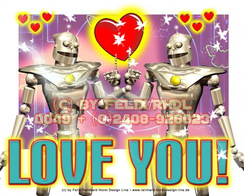 Cartoon: Robots In Love! (medium) by FeliXfromAC tagged mobile,services,handy,felix,alias,reinhard,horst,design,line,aachen,stockart,horror,3d,art,psycho,angst,cartoon,robot,roboter,love,liebe,painting
