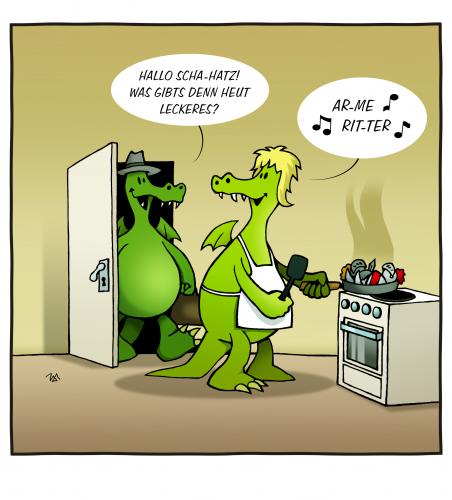 Cartoon: Arme Ritter (medium) by volkertoons tagged drachen,essen,ritter,kochen,grün,cartoon,volkertoons,armer ritter,süßspeise,french toast,rostige ritter,fotzelschnitten,semmelschnitten,kartäuserklöße,weckschnitten,gebackener weck,pofesen,blinde,essen,nahrung,ernährung,küche,kochen,familie,mittagessen,wortspiel,krieger,rüstung,mittelalter,drache,tier,raubtier,menschenfresser,fleischfresser,armer,ritter,french,toast,rostige,gebackener,weck