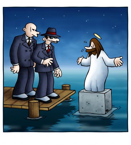 Cartoon: Betonwunder (medium) by volkertoons tagged volkertoons,cartoon,jesus,christus,christ,mafia,beton,mafia,jesus christus,religion,glaube,gott,kirche,verbrechen,kriminalität,mord,tod,töten,umlegen,ertrinken,ertränken,schweben,wasser,bibel,jesus,christus,wunder