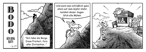 Cartoon: BODO - Der Berg ruft (medium) by volkertoons tagged top,gipfel,freedom,freiheit,einsamkeit,tourismus,klettern,bergsteigen,climbing,mountain,berg,rat,ratte,bodo,strip,comic,cartoon,volkertoons,ratte,klettern,tourismus,bergsteigen,einsamkeit,freiheit,sport,comic