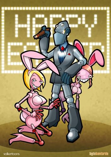 Cartoon: Easter Bytebastards (medium) by volkertoons tagged easter,ostern,osterhase,robots,roboter,bytebastards,cartoon,illustration,volkertoons,grußkarte,greeting,card