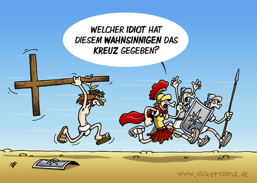 Cartoon: Kruzinator (medium) by volkertoons tagged volkertoons,cartoon,jesus,christus,kreuz,römer,kreuzigung,geschichte,history,crucification,prügel,haue,senge,kloppe,aua,lustig,albern,komisch,kreuz,römer,kreuzigung,jesus christus,religion,jesus,rom,christus