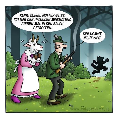 Cartoon: Mutter Geiß (medium) by volkertoons tagged volkertoons,cartoon,lustig,humor,fun,funny,böse,evil,märchen,fairy,tale,grimm,geiß,goat,geißlein,sieben,mutter,mother,jäger,hunter,gewehr,märchen,gebrüder grimm,wolf,geiß,oma,jäger,wald,gebrüder,grimm