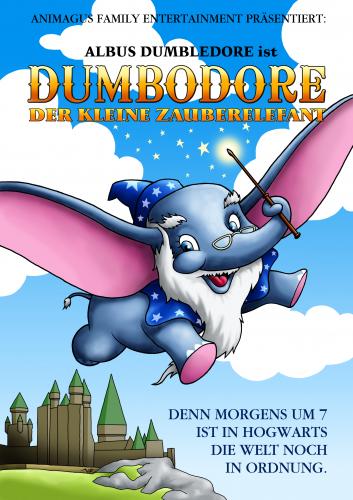 Cartoon: PotterFakePlakate - Dumbodore (medium) by volkertoons tagged volkertoons,cartoon,humor,lustig,funny,mad,film,movie,kino,harry,potter,dumbo,dumbledore,zauberer,wizard,magie,magic,magician,sorcerer,hogwarts,plakat,parodie,fake,dumbo,film,zeichentrick,elefant,kinder,parodie,literatur,harry potter,dumbledore,zauberer,magie,harry,potter