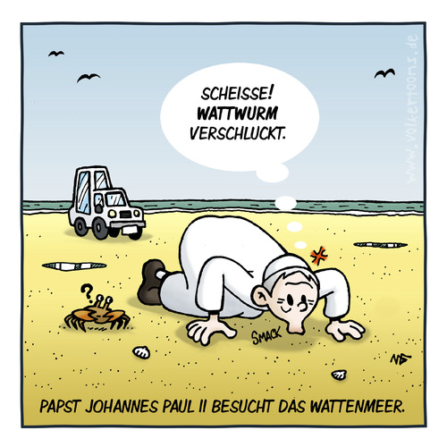 Cartoon: Wattwürmer (medium) by volkertoons tagged volkertoons,cartoon,humor,lustig,fun,funny,papst,pope,reisepapst,johannes,paul,kirche,church,reisen,meer,sea,nordsee,küste,coast,wattwurm,wurm,worm,sand,strand,beach,papamobil,papst,reise,religion,vatikan