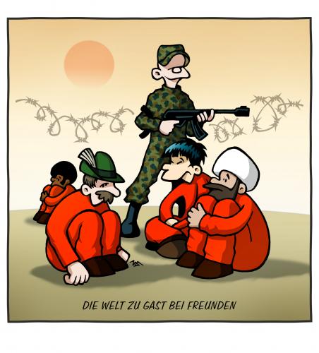 Cartoon: Zu Gast bei Freunden (medium) by volkertoons tagged guantanamo,menschenrechte,werbeslogan,fußball,cartoon,volkertoons,humor,human,rights,politik,politics,rechte,usa,menschen,medien,soccer,wm2006,em2008,guantanamo,gefangene,kriegsgefangene,verbrechen,kriminalität,militär,pentagon,usa,amerika,soldaten,kuba,afghanistan,ethik,geißel,gewissen,krieg gegen den terror,kriegsführung,legitimation,militarismus,misshandlung,politik,terroristische gruppierung,terror,unschuldige,verdächtige,justiz,werbeslogan,werbung,slogan,werbekampagne,fußball,fussball,menschen,menschenrechte,rechte,gewalt,unterdrückung,zustände,machtlos,macht,krieg,gegen,den,terroristische,gruppierung