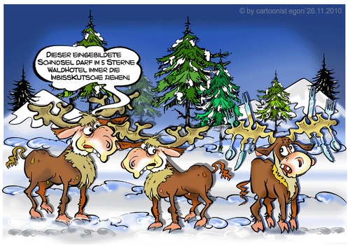 Cartoon: 5 Sterne Imbißkutsche (medium) by cartoonist_egon tagged ren,elch,winter,sterne,hotel,wald