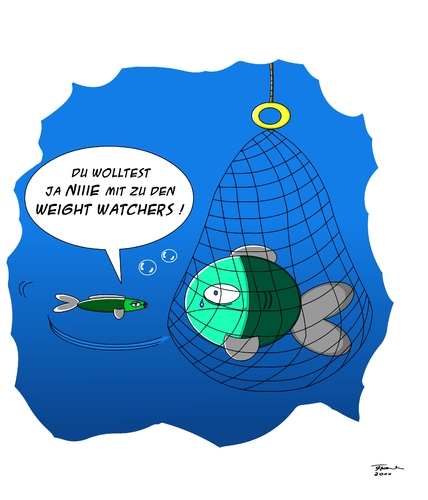 Cartoon: Abnehmen (medium) by Tricomix tagged weightwatchers,abnehmen,schlank,fit,sport,dick,fett,netz,fische,fischer,eingefangen,frei,weightwatchers,abnehmen,schlank,sport,dick,netz,fische,fischer