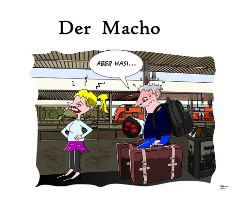 Cartoon: Der Macho (medium) by Tricomix tagged aber,spaet,schleppen,bahn,deutsche,treudoof,liebe,zicke,koffer,bahnhof,urlaub,macho,hasi,macho,urlaub,zicke,liebe,deutsche bahn,db,zug,deutsche,bahn