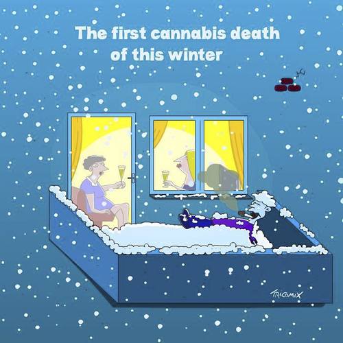 Cartoon: Heartless.... (medium) by Tricomix tagged cannabis,marijuana,hashish,smoking,weed,winter,women,sparkling,balcony,snowfall,death,excluded,drugs